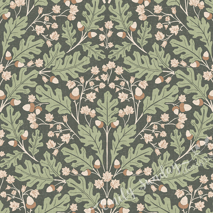 Large Scale Heritage Oak & Acorn Ogee Green & Beige On Ivory peel and stick wallpaper pattern swatch